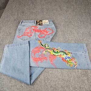 Ed Hardy Womens Wide Leg Dragon Graphic Jeans Light Wash WEHD8300-9 Size 26 NWT‎